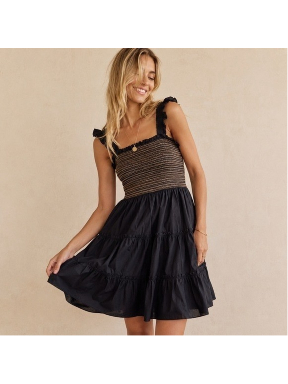 J.Crew Black Poplin Smocked Tiered Mini Dress Flutter Sleeve Sz L NWT